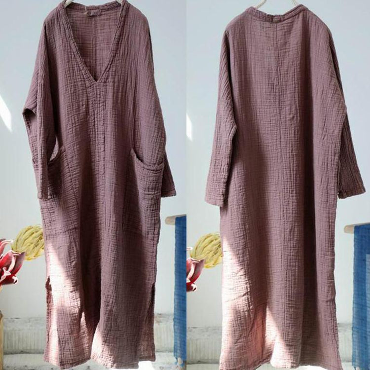 DIY linen clothes For Women plus size Women Literary Solid Split Spring Pullover Loose Dress - Omychic