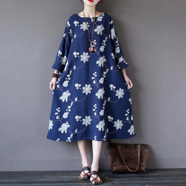 DIY linen cotton Soft Surroundings Fitted pockets Outfits blue embroidery loose Dresses - Omychic