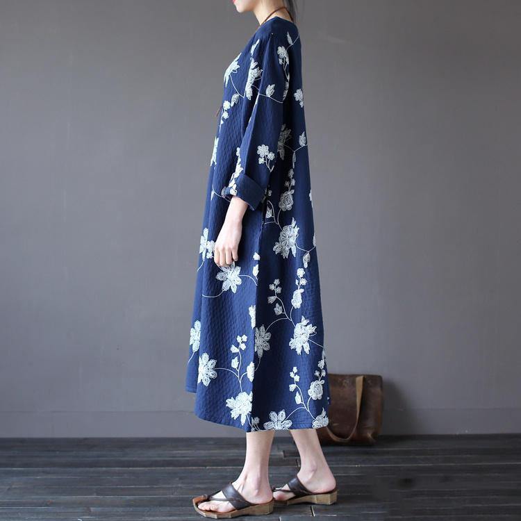 DIY linen cotton Soft Surroundings Fitted pockets Outfits blue embroidery loose Dresses - Omychic