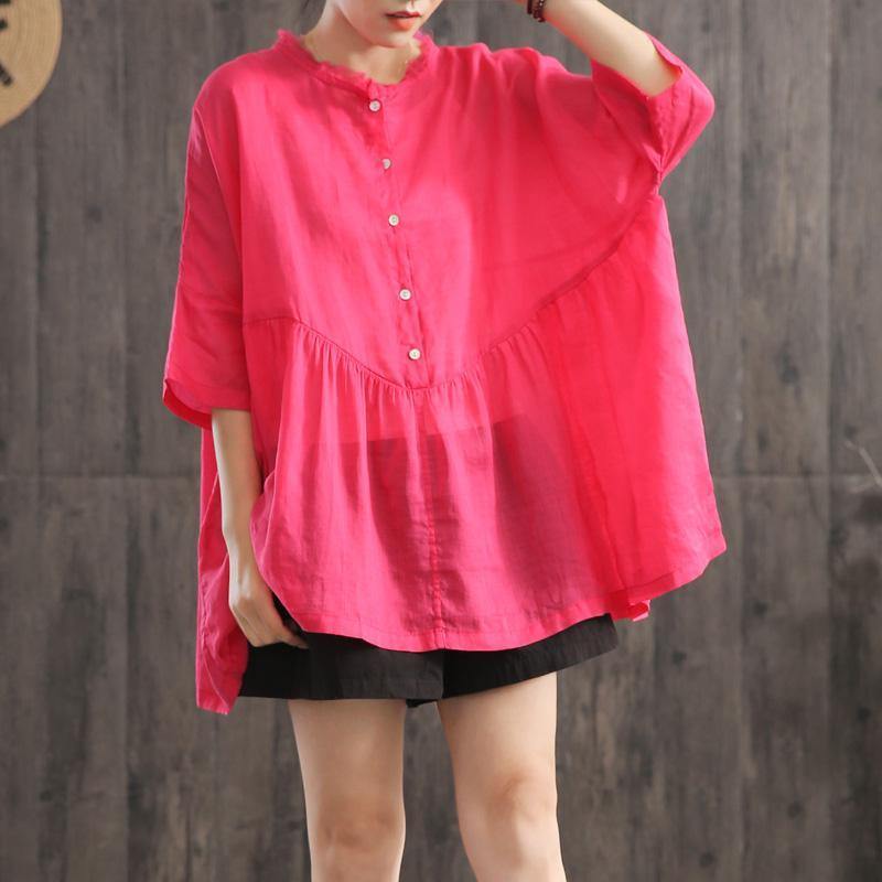 DIY linen cotton tunic top Pakistani Ruffle Collar Spliced Batwing Sleeve Blouse - Omychic