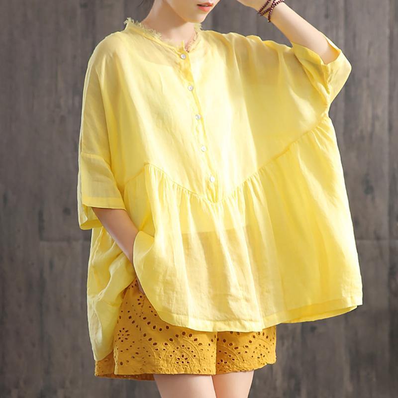 DIY linen cotton tunic top Pakistani Ruffle Collar Spliced Batwing Sleeve Blouse - Omychic