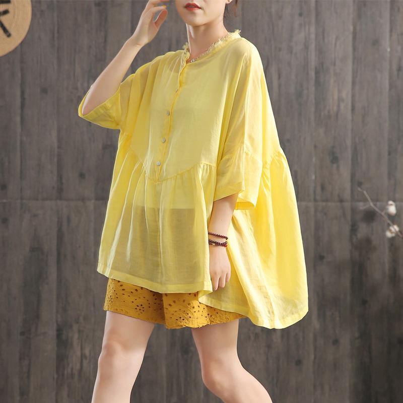 DIY linen cotton tunic top Pakistani Ruffle Collar Spliced Batwing Sleeve Blouse - Omychic