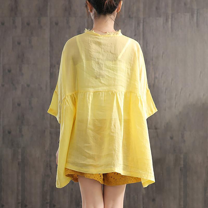 DIY linen cotton tunic top Pakistani Ruffle Collar Spliced Batwing Sleeve Blouse - Omychic