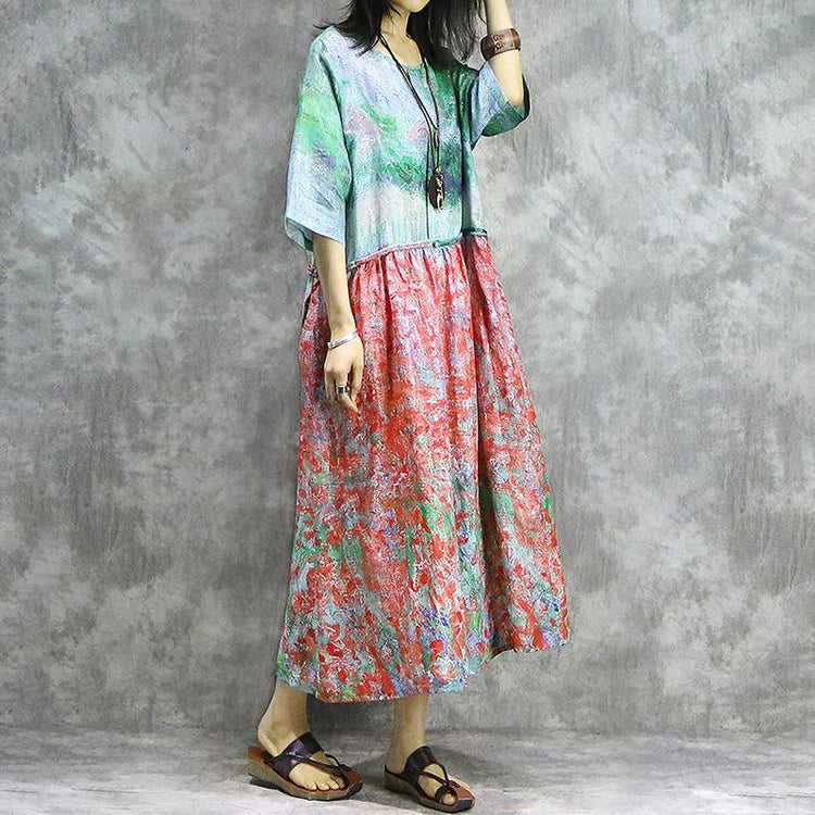 DIY linen dresses Women Abstract Printed Spliced Summer Loose Dress - Omychic
