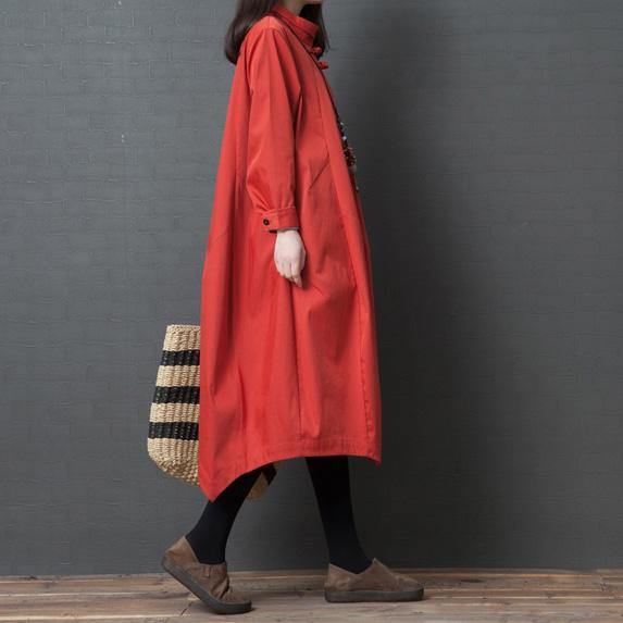 DIY long sleeve cotton Long Shirts stylish Wardrobes red Maxi Dress spring - Omychic