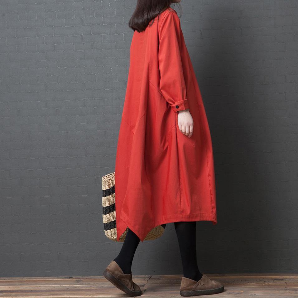 DIY long sleeve cotton Long Shirts stylish Wardrobes red Maxi Dress spring - Omychic