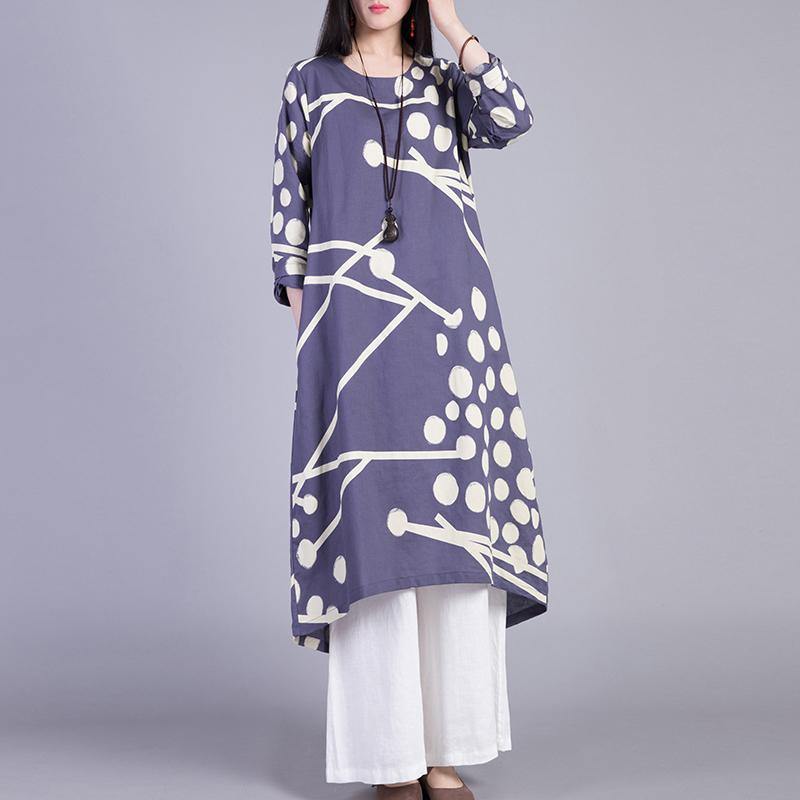 DIY long sleeve cotton Tunic Fashion Ideas blue prints o neck cotton Dress autumn - Omychic