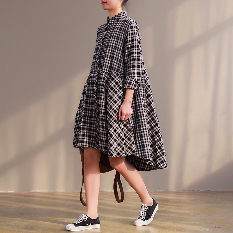 DIY low high design cotton linen clothes Fine Fashion Ideas black plaid A Line Dresses spring - Omychic