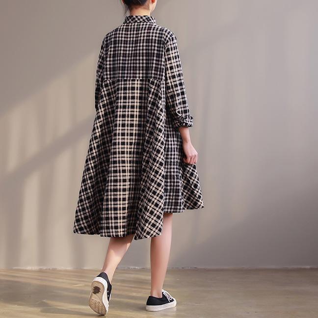 DIY low high design cotton linen clothes Fine Fashion Ideas black plaid A Line Dresses spring - Omychic