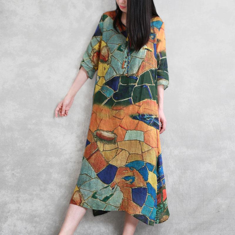 DIY multicolor silk linen dress v neck half sleeve A Line summer Dresses - Omychic