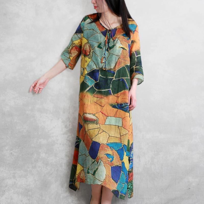 DIY multicolor silk linen dress v neck half sleeve A Line summer Dresses - Omychic