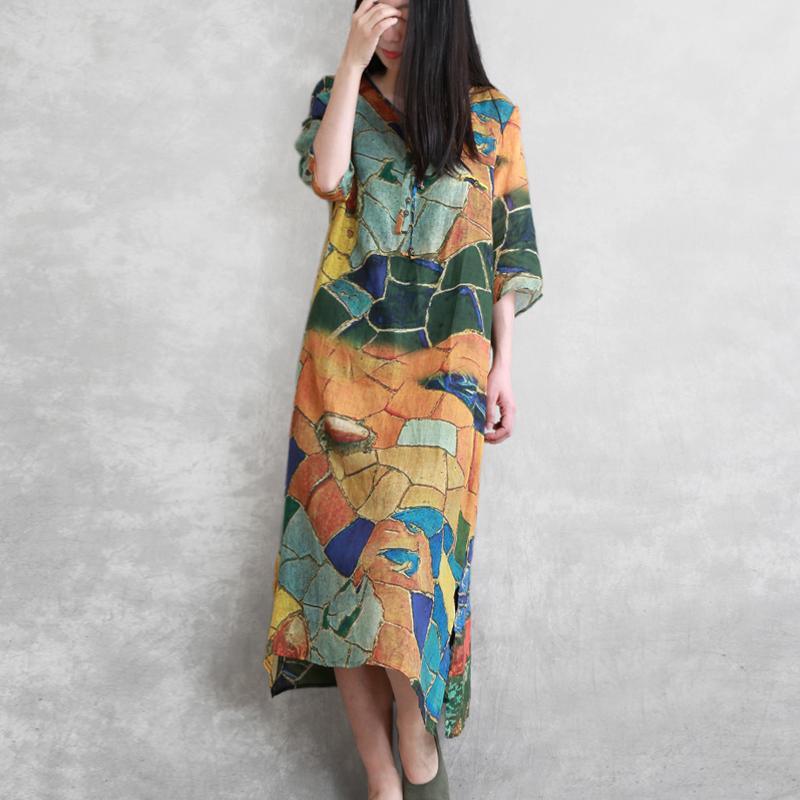 DIY multicolor silk linen dress v neck half sleeve A Line summer Dresses - Omychic