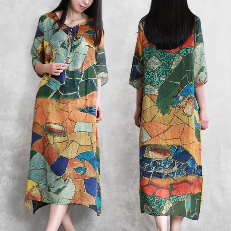 DIY multicolor silk linen dress v neck half sleeve A Line summer Dresses - Omychic