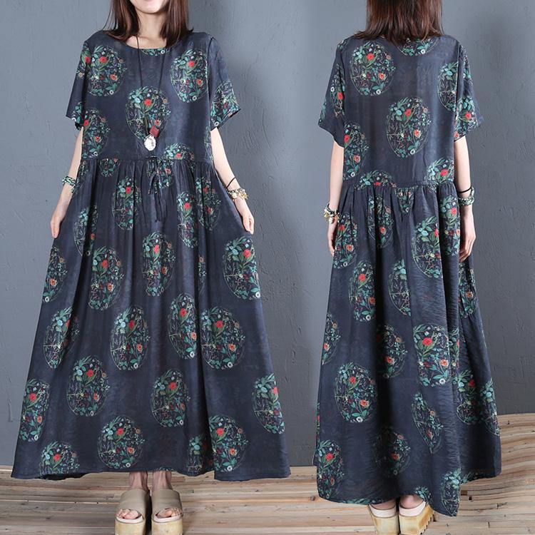 DIY navy print cotton Tunics o neck wrinkled A Line summer Dress - Omychic