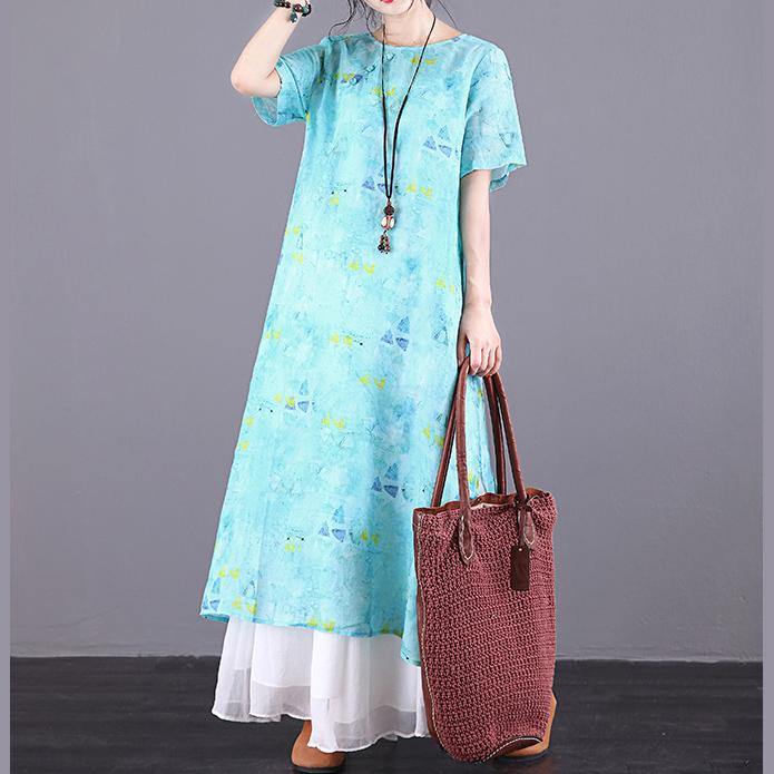 DIY o neck Button Down linen clothes For Women Work Outfits blue print Dress summer - Omychic