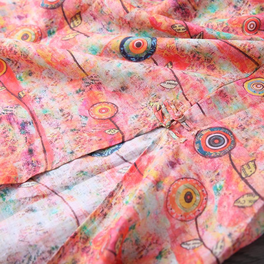 DIY o neck Button Down linen dresses Tutorials orange pink print Dress summer - Omychic