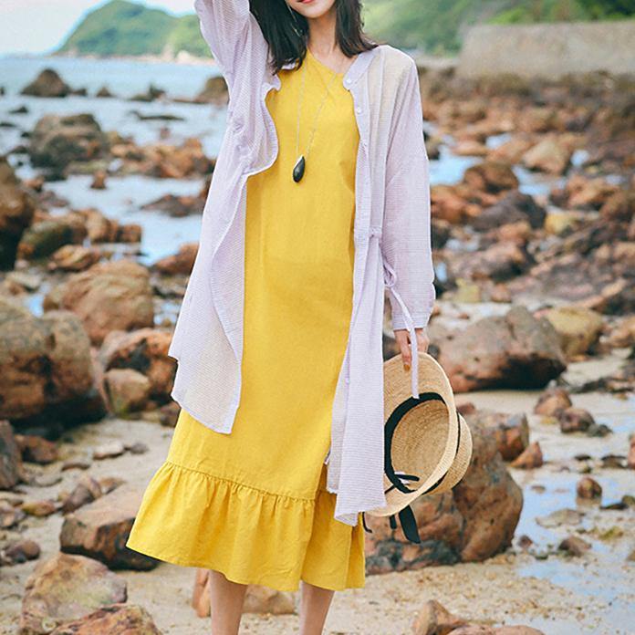 DIY o neck Sleeveless linen dress Vintage Sewing yellow Kaftan Dress summer - Omychic