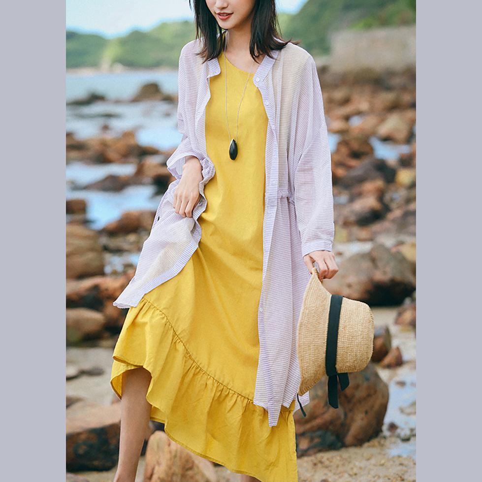 DIY o neck Sleeveless linen dress Vintage Sewing yellow Kaftan Dress summer - Omychic