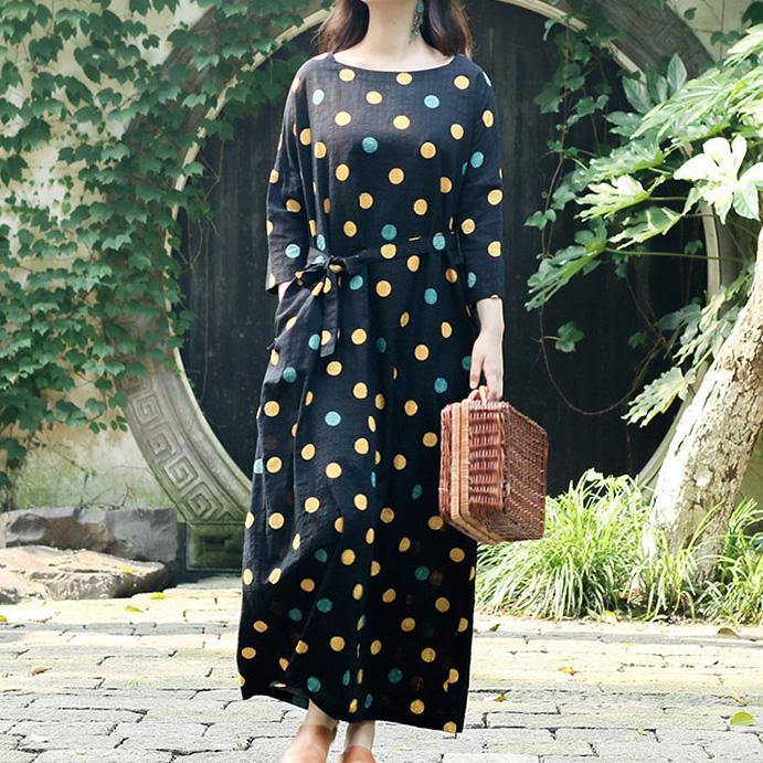 Diy O Neck Three Quarter Sleeve Cotton Linen Clothes For Women Fine Work Outfits Black Dotted Maxi Dress Summer ( Limited Stock) - Omychic