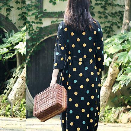 Diy O Neck Three Quarter Sleeve Cotton Linen Clothes For Women Fine Work Outfits Black Dotted Maxi Dress Summer ( Limited Stock) - Omychic