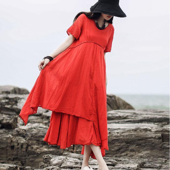 DIY o neck asymmetric linen Soft Surroundings design red Dresses summer - Omychic
