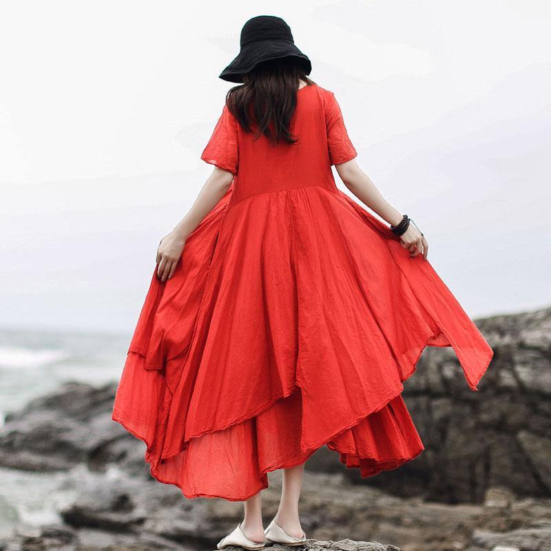 DIY o neck asymmetric linen Soft Surroundings design red Dresses summer - Omychic