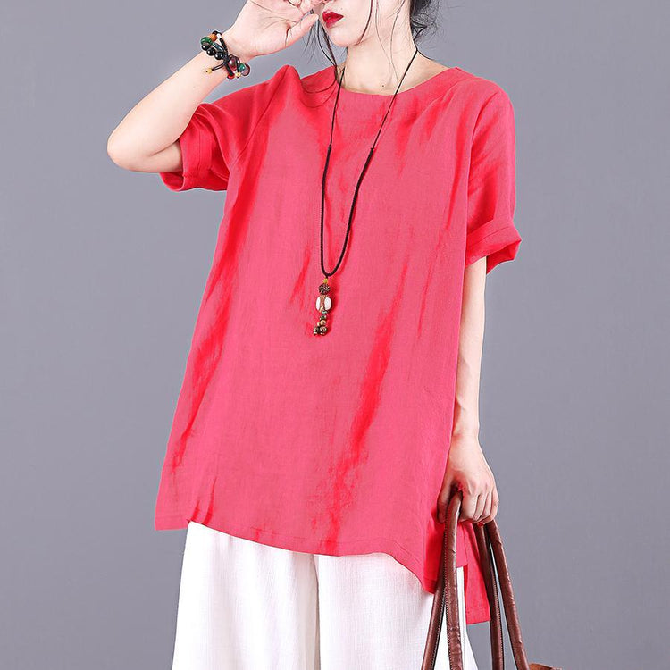 DIY o neck asymmetric linen clothes red blouses summer - Omychic
