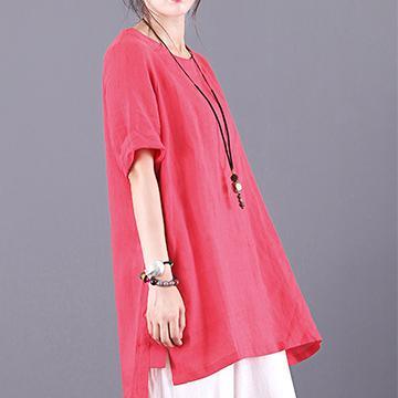 DIY o neck asymmetric linen clothes red blouses summer - Omychic