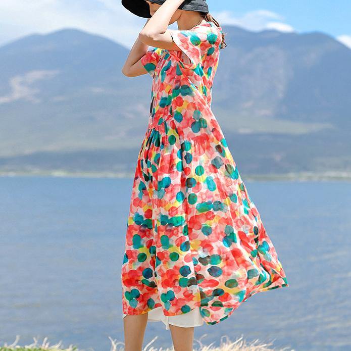 DIY o neck back side open linen Robes Fine Work Outfits multicolor dotted Kaftan Dress summer - Omychic