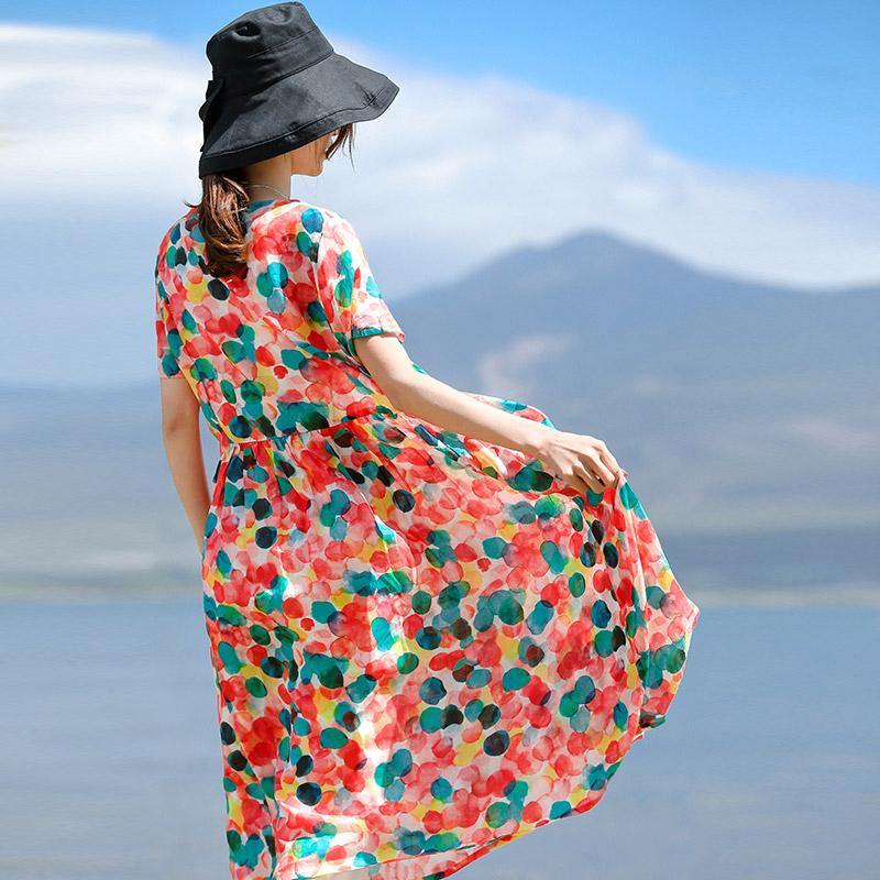 DIY o neck back side open linen Robes Fine Work Outfits multicolor dotted Kaftan Dress summer - Omychic