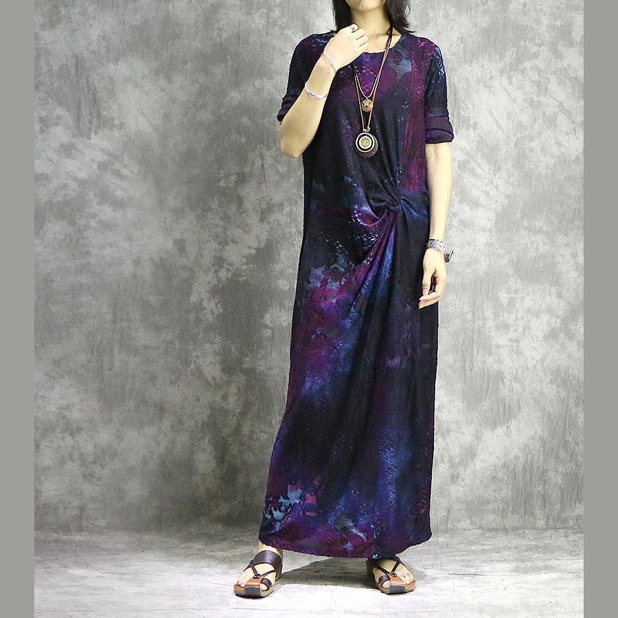 DIY o neck blended outfit Casual Shape purple prints long Dress summer - Omychic