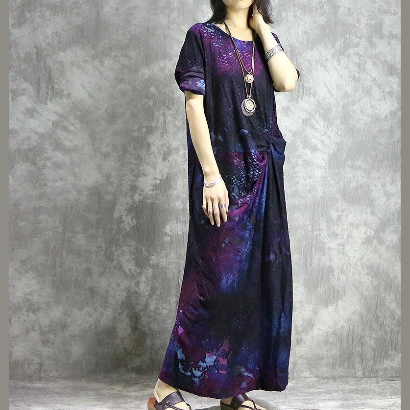DIY o neck blended outfit Casual Shape purple prints long Dress summer - Omychic