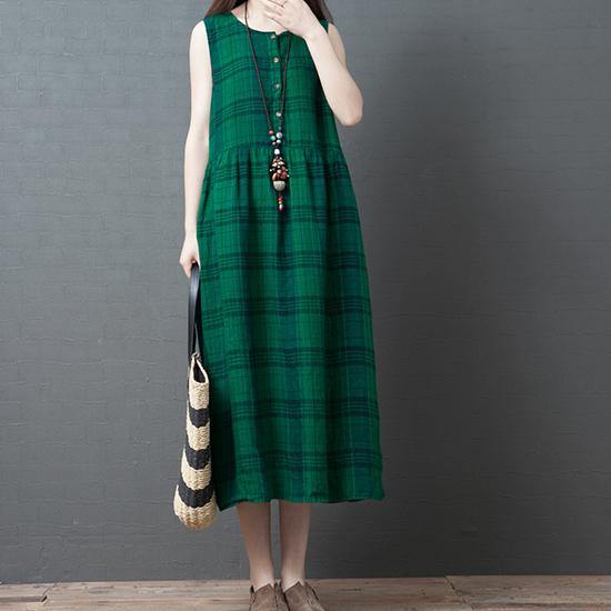 DIY o neck cotton tunics for women design green plaid cotton robes Dress summer - Omychic