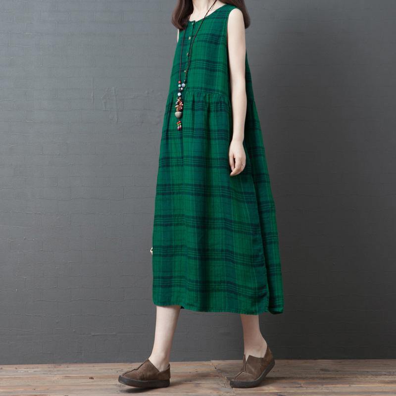 DIY o neck cotton tunics for women design green plaid cotton robes Dress summer - Omychic
