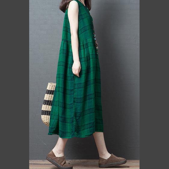 DIY o neck cotton tunics for women design green plaid cotton robes Dress summer - Omychic