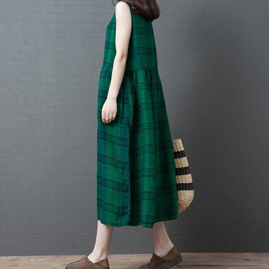 DIY o neck cotton tunics for women design green plaid cotton robes Dress summer - Omychic