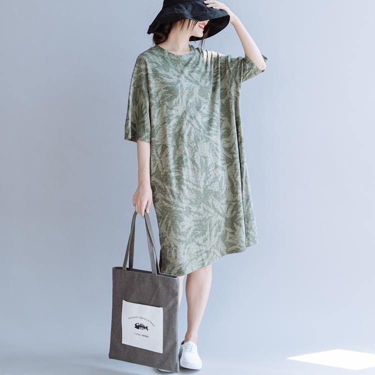 DIY o neck half sleeve Cotton quilting clothes Neckline green print Dresses summer - Omychic