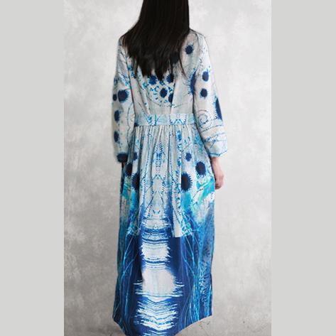 DIY o neck linen clothes stylish Work blue white print long Dresses spring - Omychic