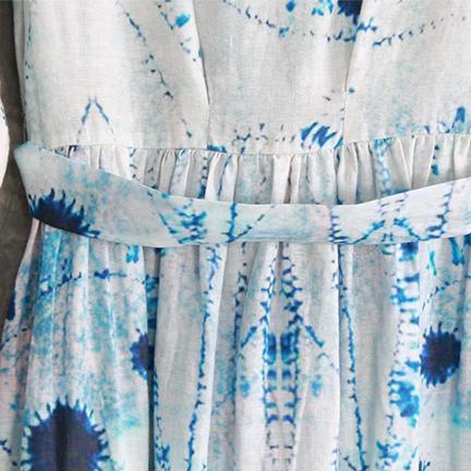 DIY o neck linen clothes stylish Work blue white print long Dresses spring - Omychic