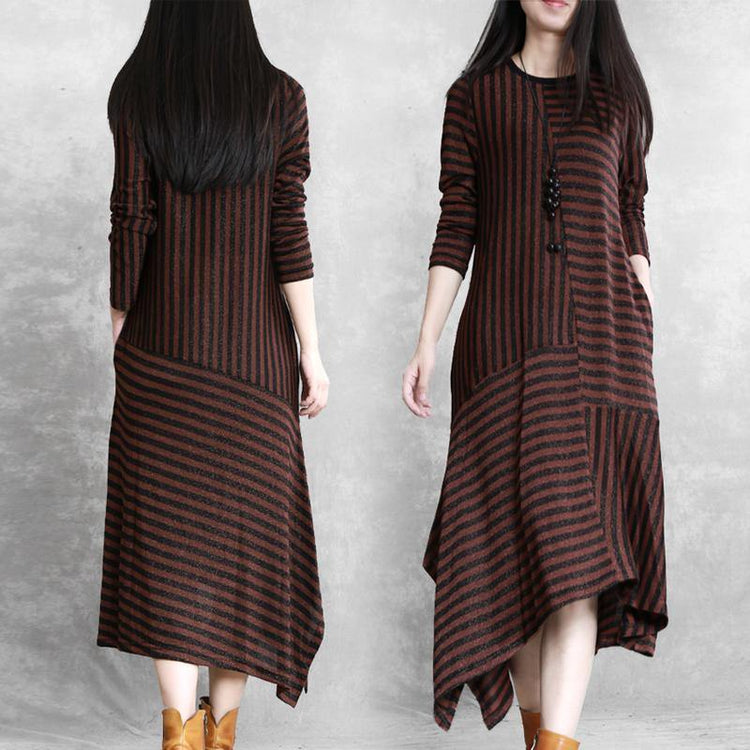 DIY o neck patchwork cotton clothes For Women Neckline chocolate striped Maxi Dresses fall - Omychic