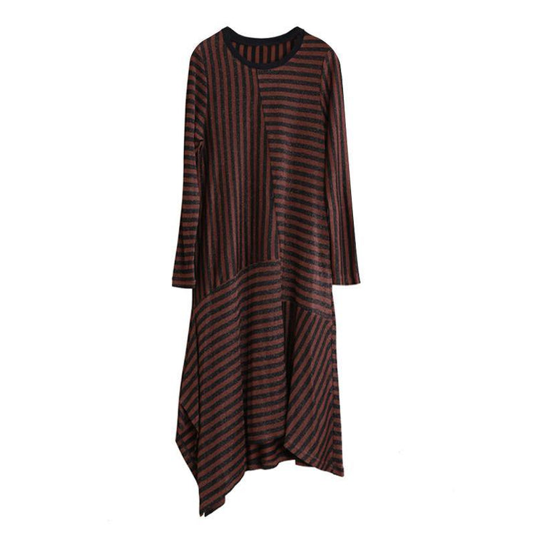 DIY o neck patchwork cotton clothes For Women Neckline chocolate striped Maxi Dresses fall - Omychic