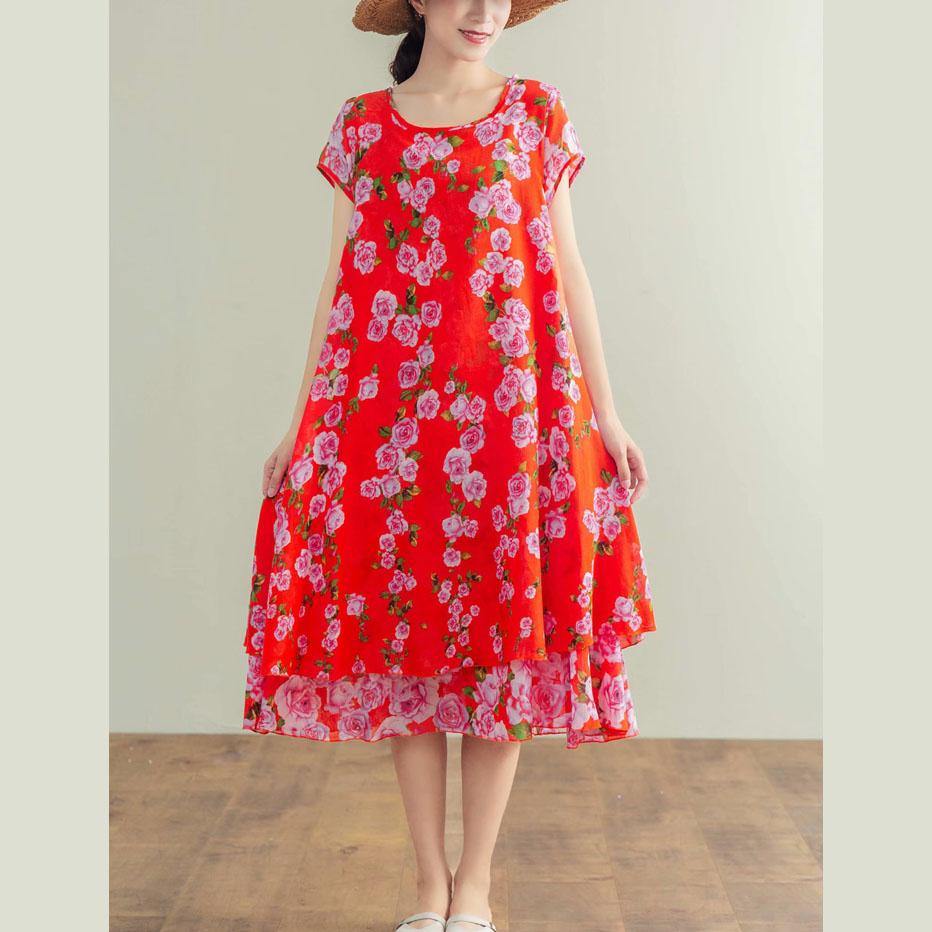 DIY o neck patchwork linen Fabrics orange red print Dresses summer - Omychic