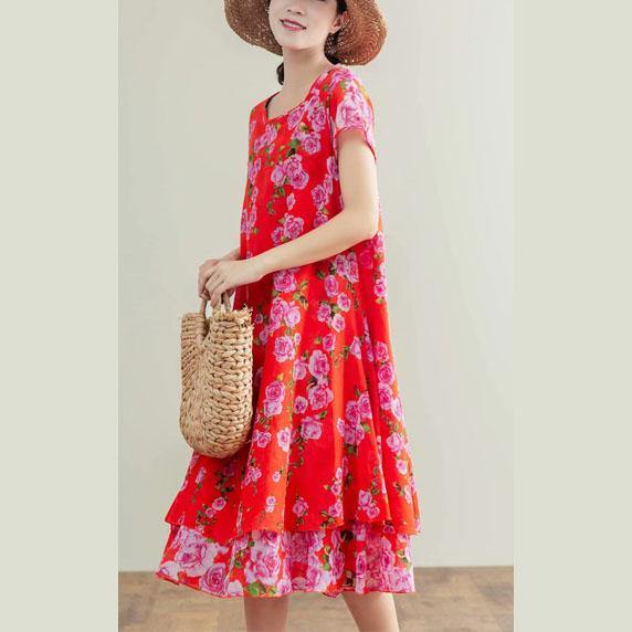 DIY o neck patchwork linen Fabrics orange red print Dresses summer - Omychic