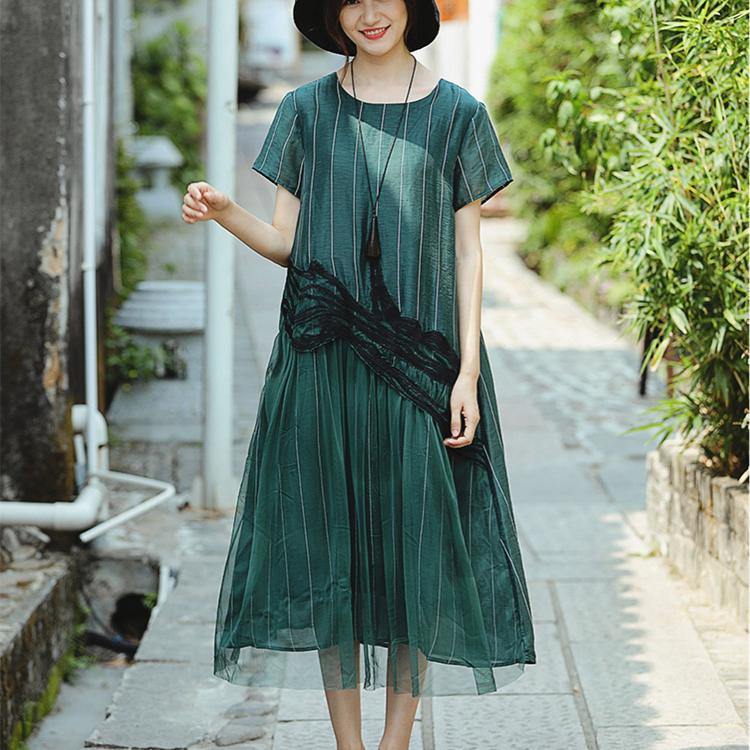 DIY o neck patchwork linen clothes For Women top quality Fashion Ideas green striped Art Dress Summer - Omychic
