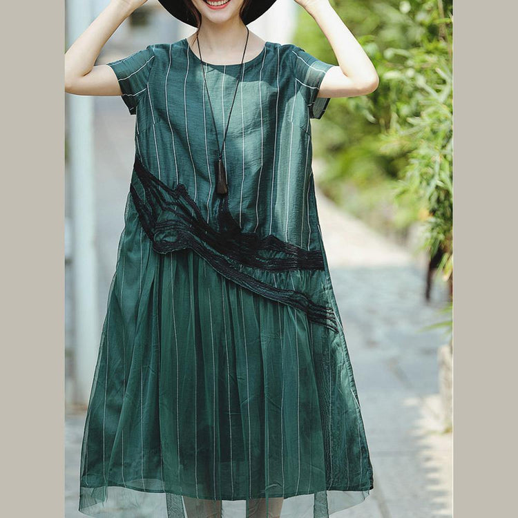 DIY o neck patchwork linen clothes For Women top quality Fashion Ideas green striped Art Dress Summer - Omychic