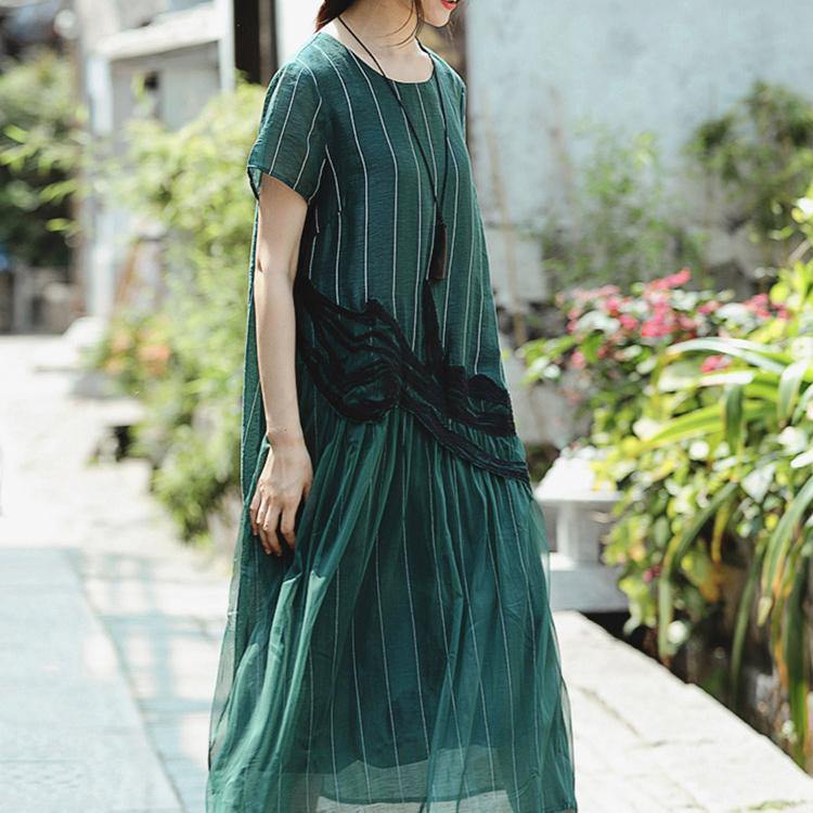 DIY o neck patchwork linen clothes For Women top quality Fashion Ideas green striped Art Dress Summer - Omychic