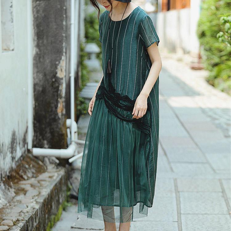 DIY o neck patchwork linen clothes For Women top quality Fashion Ideas green striped Art Dress Summer - Omychic