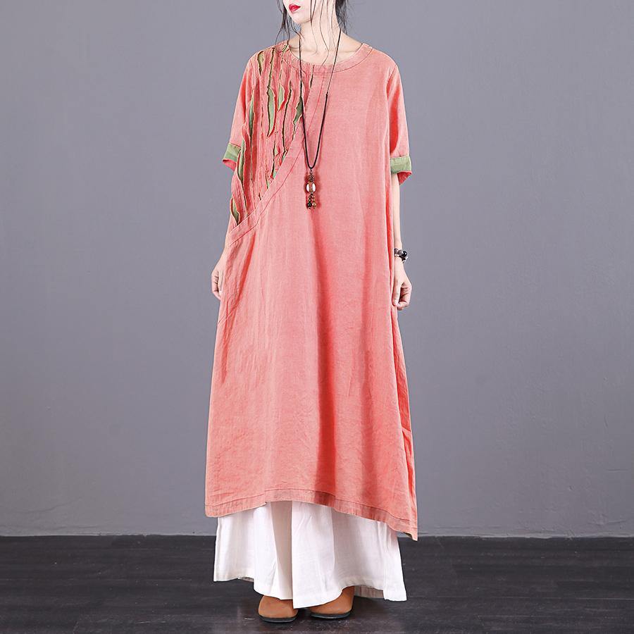 DIY o neck patchwork linen dress Catwalk orange Dress summer - Omychic