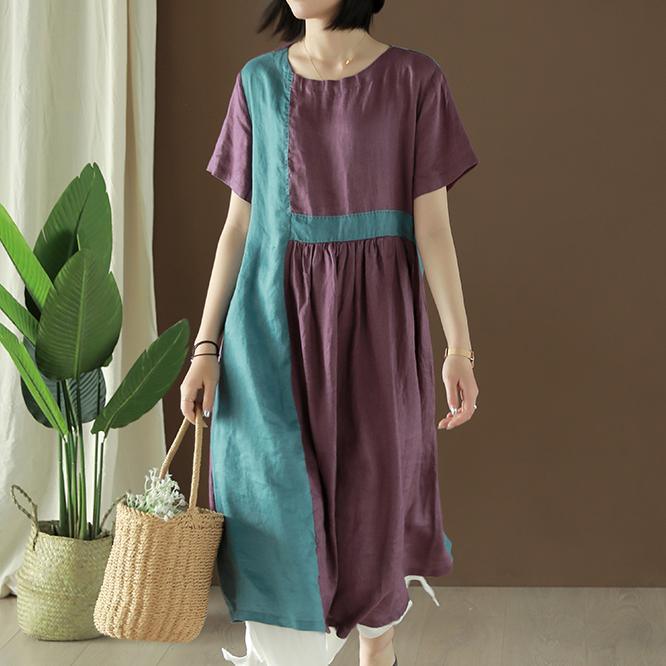 DIY o neck patchwork linen outfit Photography purple Dress summer - Omychic