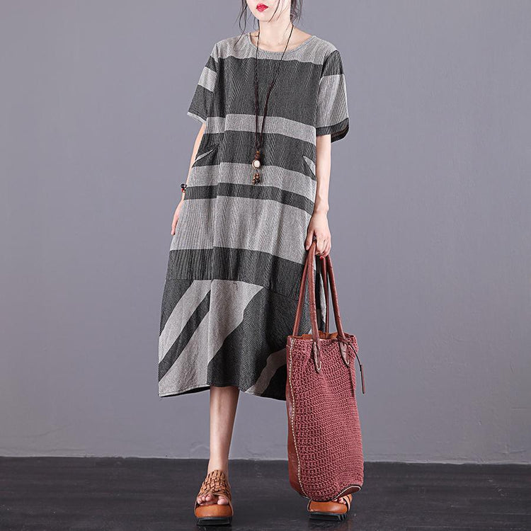 DIY o neck pockets cotton clothes Women Sewing gray striped  long Dress summer - Omychic